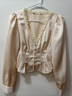 Cream Lace-Trim Button Front Blouse